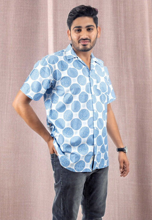 Egypton Cotton Blue Half Sleeve Printed Shirt for Men